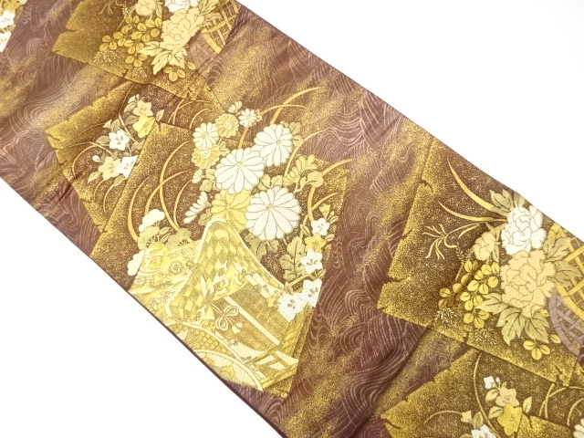 アンティーク　破れ色紙に御所車・草花模様織り出し袋帯（材料）